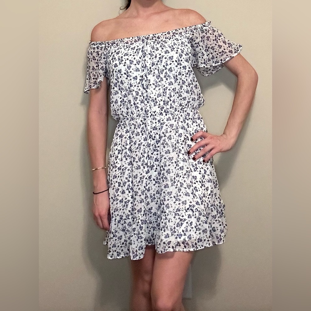 Sienna Sky White Off Shoulder Dress With Blue Floral Print
